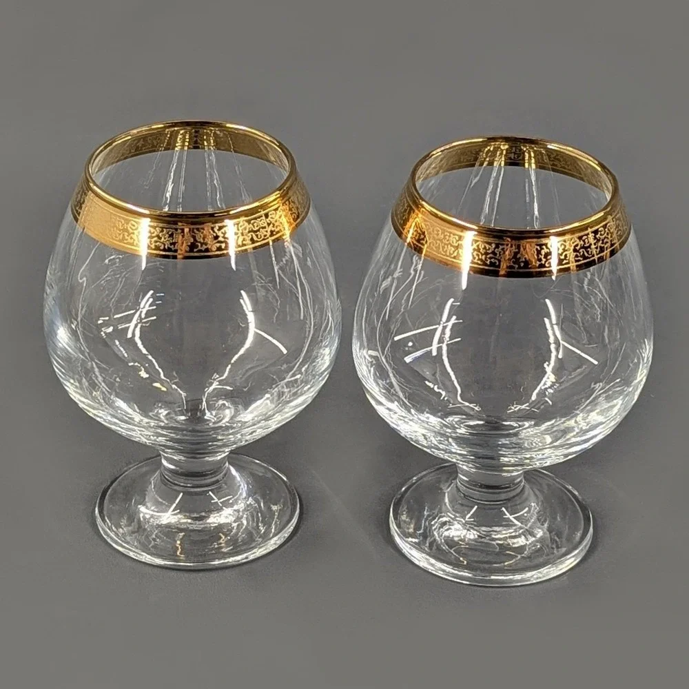 Vintage Gold Filigree Rim Brandy Snifter Glass Set of 2 Clear Glass 5 Inch
